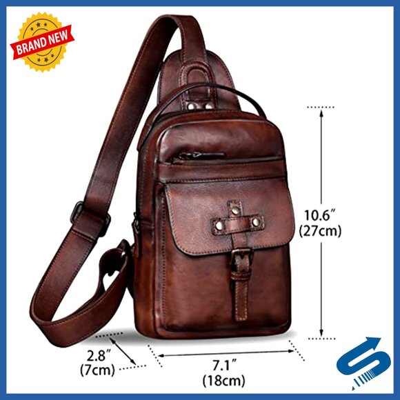 Genuine Leather Sling Backpack Crossbody Daypack Adjustable Strap Vintage Style
